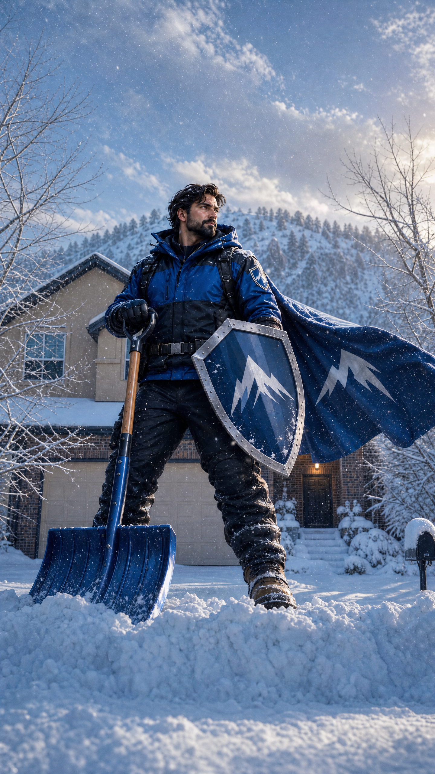 The original Everlasting Snow Guardian with blue cape, mountain shield and snow shovel outside a snowy home