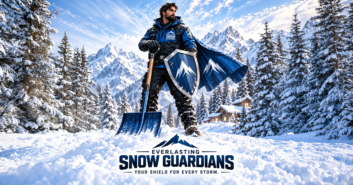 Original Everlasting Snow Guardians winter brand artwork with Guardian, mountain scenery, wordmark and Your Shield for Every Storm tagline